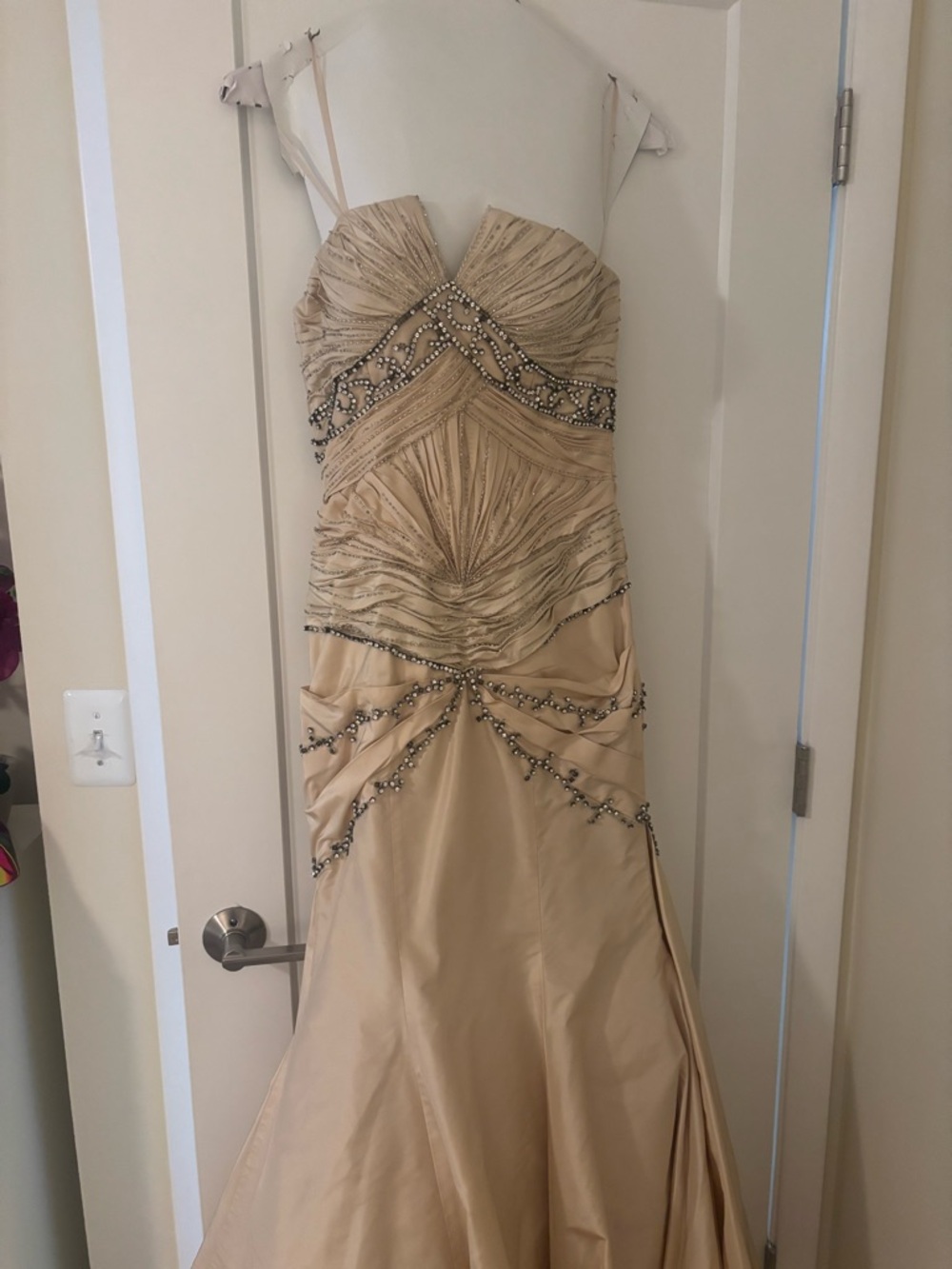 Champagne Beaded Evening Gown with Embellished Waist